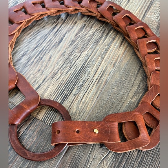 Brave Leather Inian Skrunchy Belt Womens Sz 36 Cognac Brown Adjustable Bohemian - Picture 5 of 10